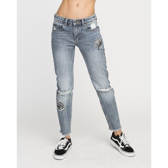 RVCA Jean Women 25 Indigo Worn Kewl Kid Anp Denim Boyfriend Embroidered Rip Knee - Picture 13 of 15